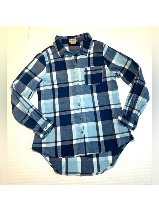 Passport Tops - Passport Plaid Flannel Shirt Roll Tab Sleeve Blue Junior Size L or Womens Size S